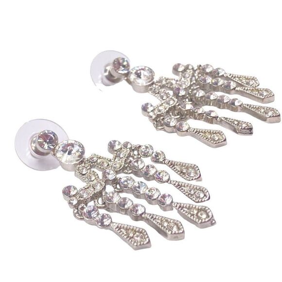 Silver rhinestone bar dangle drop earrings - Picture 2 of 4